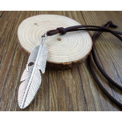 Metal Feather Pendant Leather Necklace