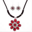 Red Stone Flower Shape Pendent Necklace Earrings Set