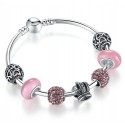 European Style Bracelet with Silver Charms and Pink Murano Glass
