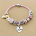 Pink Leather Crown Charms Bracelet