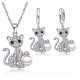 Cat Pendant Necklace + Earrings Set 925 Sterling Silver & Pearl