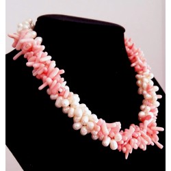  White Freshwater Pearl & Pink Coral Necklace