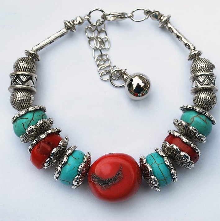 Turquoise cube /& coral beads bracelet Tibetan turquoise coral enamel beaded bracelet Red blue natural gemstone ethnic bracelet