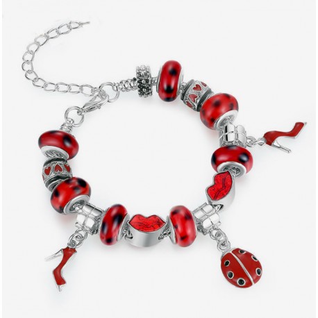 European Style Bracelet with Red Charms and Murano glass Beads