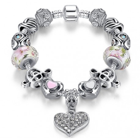 Heart Pendant & Crystal Bead Charms Europe Bracelet