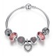 Romantic Silver Heart Pendant Bracelet with Pink Murano Glass Beads