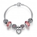Romantic Silver Heart Pendant Bracelet with Pink Murano Glass Beads