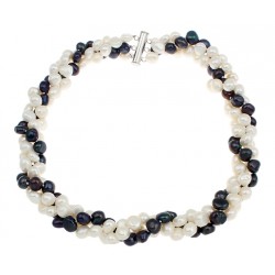 Twisted three Layers Necklace with White and Black Natural Pearls