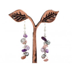 Freshwater Pearl, Amethyst And Strawberry Quartz Long Earrings