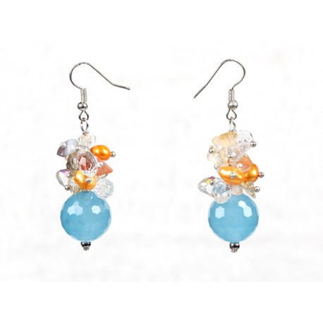 Cyanite, Multi Color Cluster Crystal and Pearl Dangle Earrings