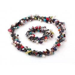 Multi Strand Colorful Stone Necklace Bracelet Set