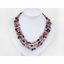 Three Strands Pearl And Amethyst And Strawberry Quartz Necklace