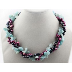 Multi Strands Dyed Freshwater Pearl And Amazon Stone Twisted Necklace