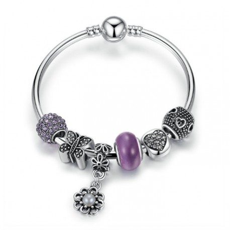 European Style Bracelet with Charms and Purple Murano Glass Beads