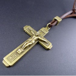 Collar de cuero auténtico de Cruz Católica en bronce conmemoración de Fátima