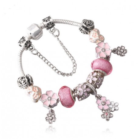 Silver Plated Pink Crystal and Flower Charm Bracelet