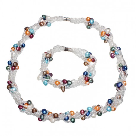 Conjunto collar y pulsera con perlas naturales coloreadas