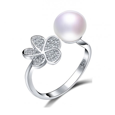 Round Natural Freshwater Pearl Silver Ring