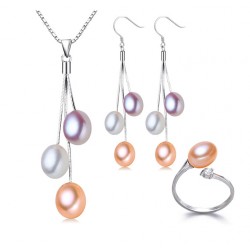 925 Sterling Silver & Pearl Jewelry Set with Multicolour Freshwater Pearl Necklace, Earrings & Ring