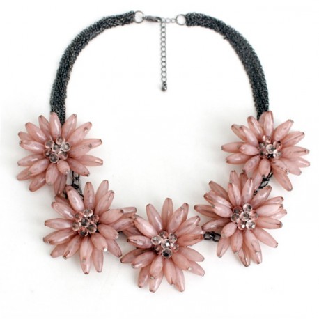 Statement Necklace with Five Maxi Rose Color Flowers