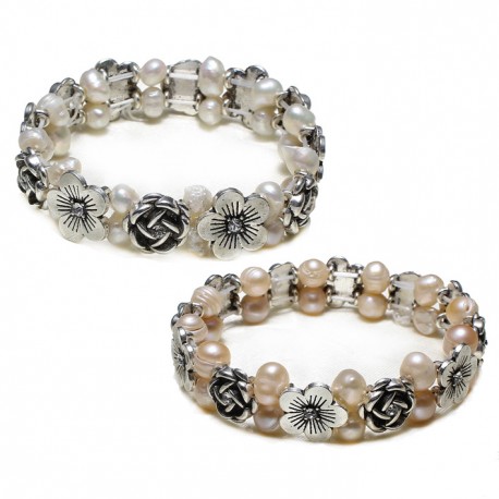 Freshwater Pearl Bracelet with Antique Silver Flowers