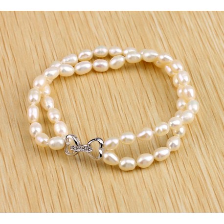 Freshwater Cultured White Rice Pearl Bracelet with Silver Hearts