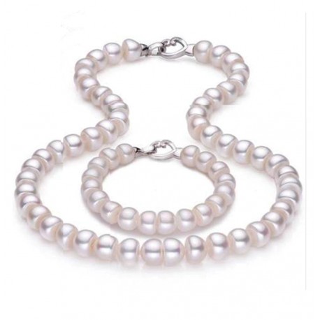 Conjunto collar y pulsera de perlas blancas naturales con cierre corazones de plata