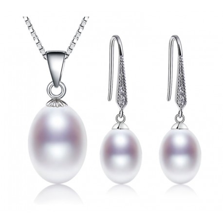 Conjunto de plata collar y pendientes con colgante de perla blanca natural