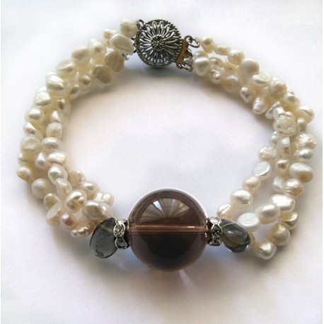 3 Strand Natural White Pearl And Smoky Quartz Bracelet 3 Strand Natural White Pearl And Smoky Quartz Bracelet