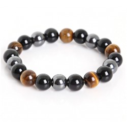 Tiger Eye & Hematite & Black Obsidian Stone Bead Unisex Bracelet