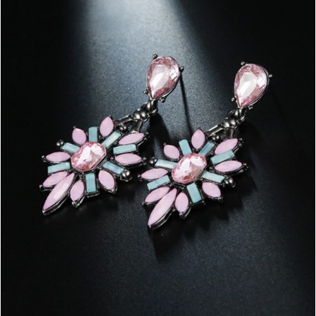 Crystal Drop Water Flower Earrings with Blue and Pink Crystals
