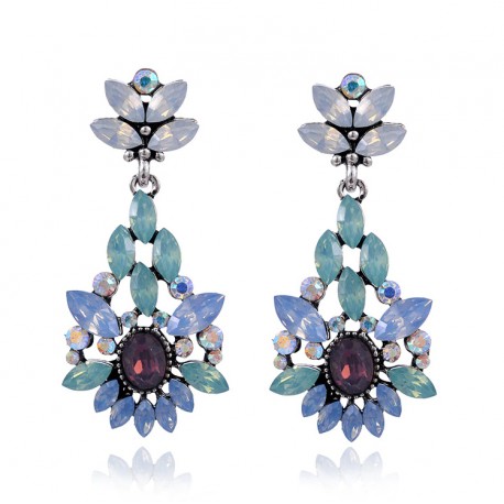 Elegant Blue Purple Crystal Stone Flower Pendant Dangle Earrings