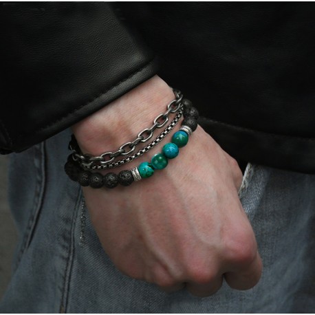 Beaded Bracelet set for Men with Stainless Steel and Volcanic Stone