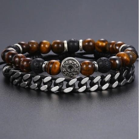 Bracelet Set for Men with Tiger Eye Stone, Leather and Stainless Steel