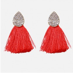 Crystal Earrings with Red Cotton Tassel Earrings