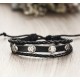 Men Genuine Black Leather Bracelets Set