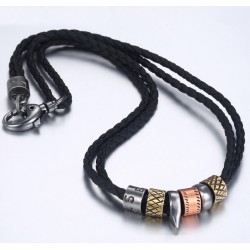 Leather Rope Mens Necklace with Metal Pendants