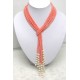 Natural Pink Coral and Pearls Long Necklace for Women with 3 Strands