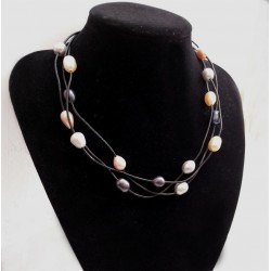 Multi Strand Multi Color 10-12mm Natural Freshwater Pearl Necklace With Black Leather Cord