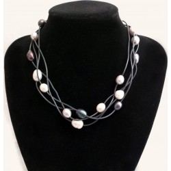 4 Strand Multi Color 10-12mm Natural Freshwater Pearl Necklace With Black Leather Cord