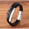 Men Jewelry Stainless Steel Black Genuine Leather Bracelet