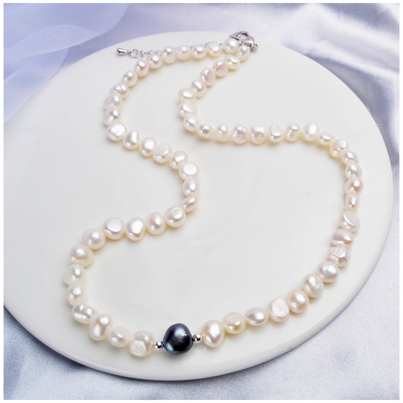 18 /' black real freshwater pearl pendant necklace silver chain in gift box