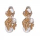 Imitation Pearl Stud Earrings with Golden Color Metal Leaves