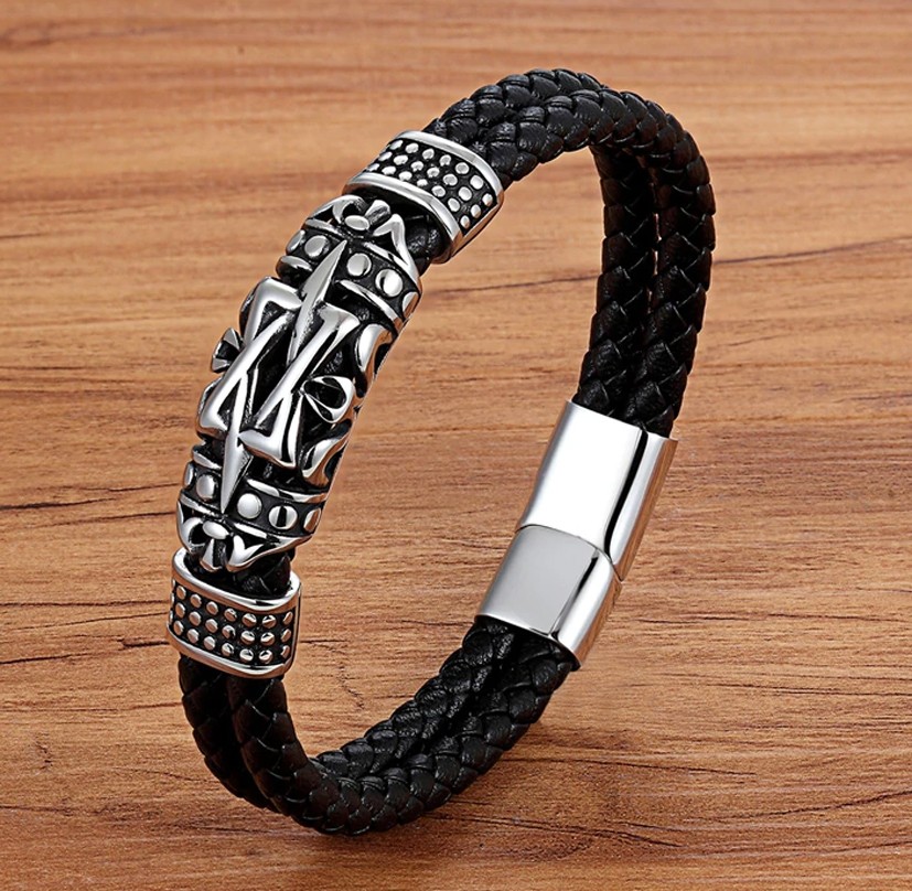 Pulsera Hombre Cuero Trenzado Negro con Placa Plateada