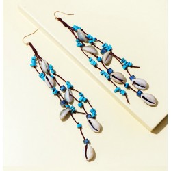 Long Ethnic Style Handmade Earrings with Natural Shell and Turquoise