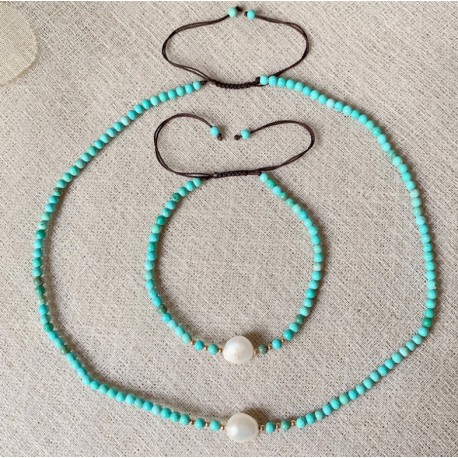 Small Round Turquoise Beads Choker Necklace with White Baroque Pearl