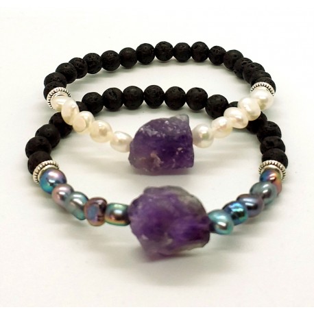 Black Lava Beaded Bracelets with Freshwater Pearls and Amethyst Stone