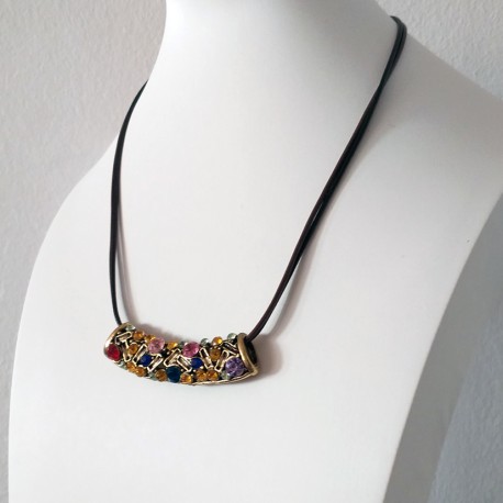 Vintage Tribal Necklace with Brown PU Leather Chain
