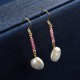 White Baroque Coin Pearl and Natural Tourmaline Stone Earrings