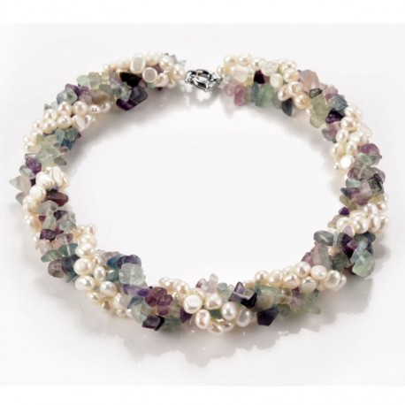 Natural Fluorite and Freshwater Pearl Twisted Multi Strand Necklace